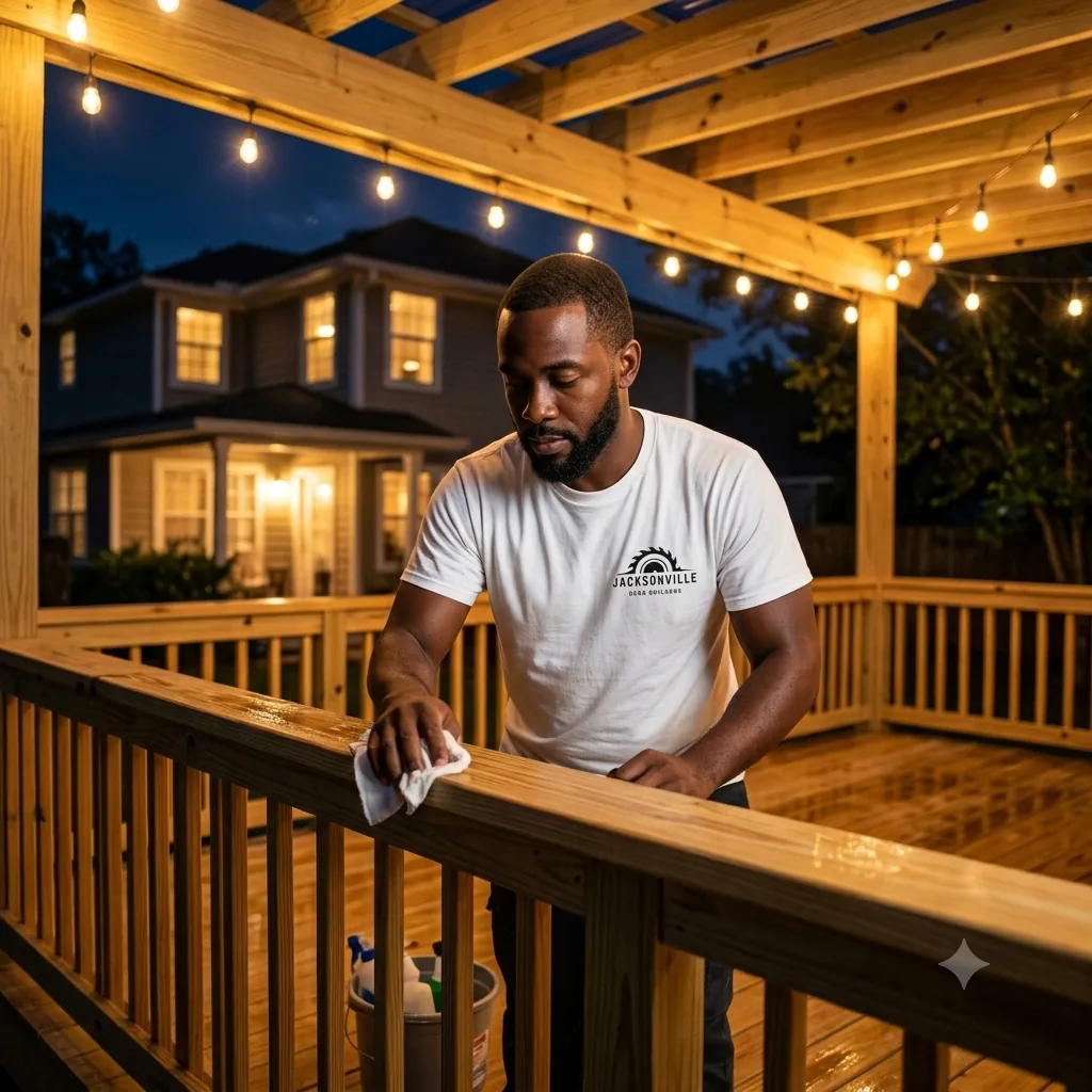 Deck contractor cutting pressure-treated lumber in Jacksonville