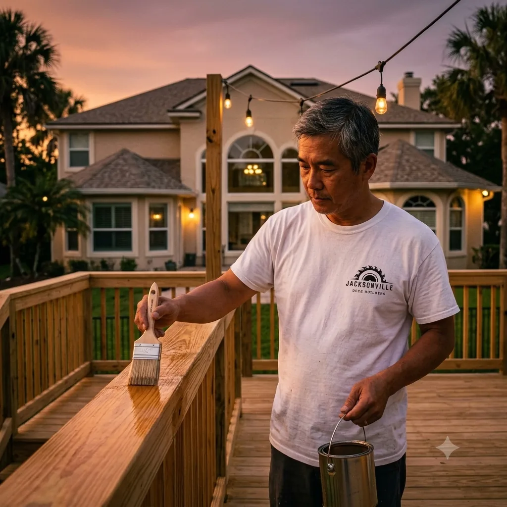Deck staining and sealing on a waterfront home in Jacksonville, Florida
