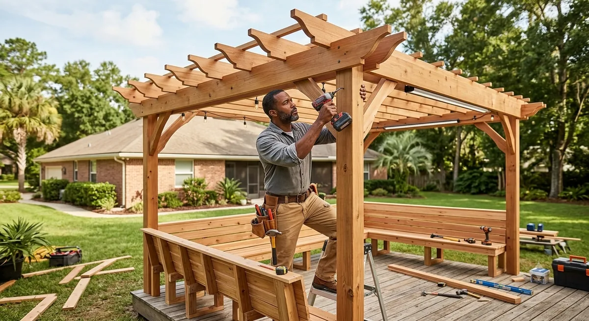 Pergola builder installing a cedar pergola with bench seating in Jacksonville FL