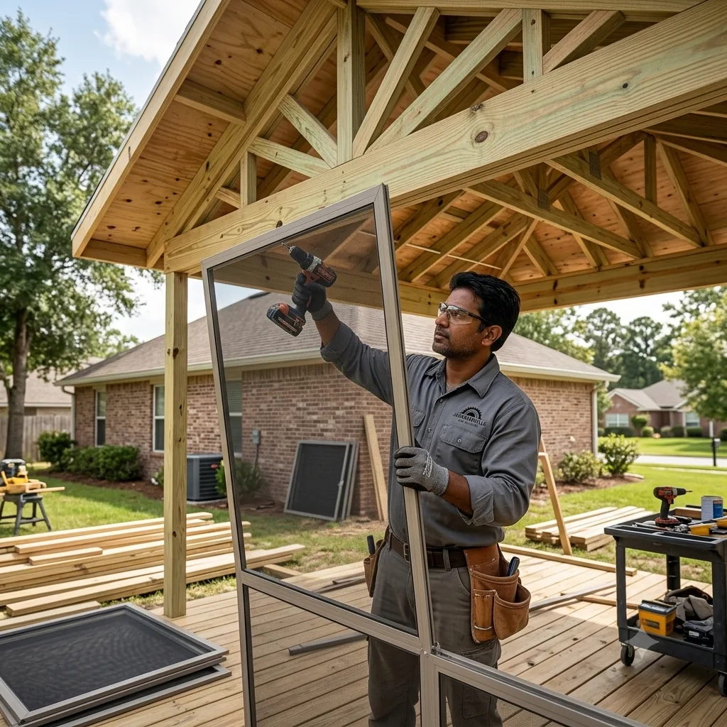 Screened porch installation on a covered deck in Jacksonville FL